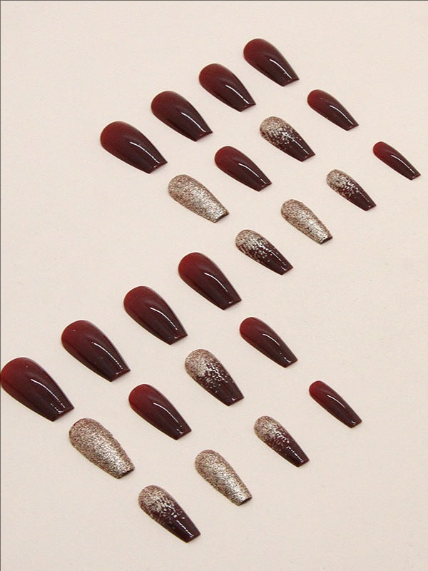 Press-on nail tips -burgundy nails with bold gold glitter